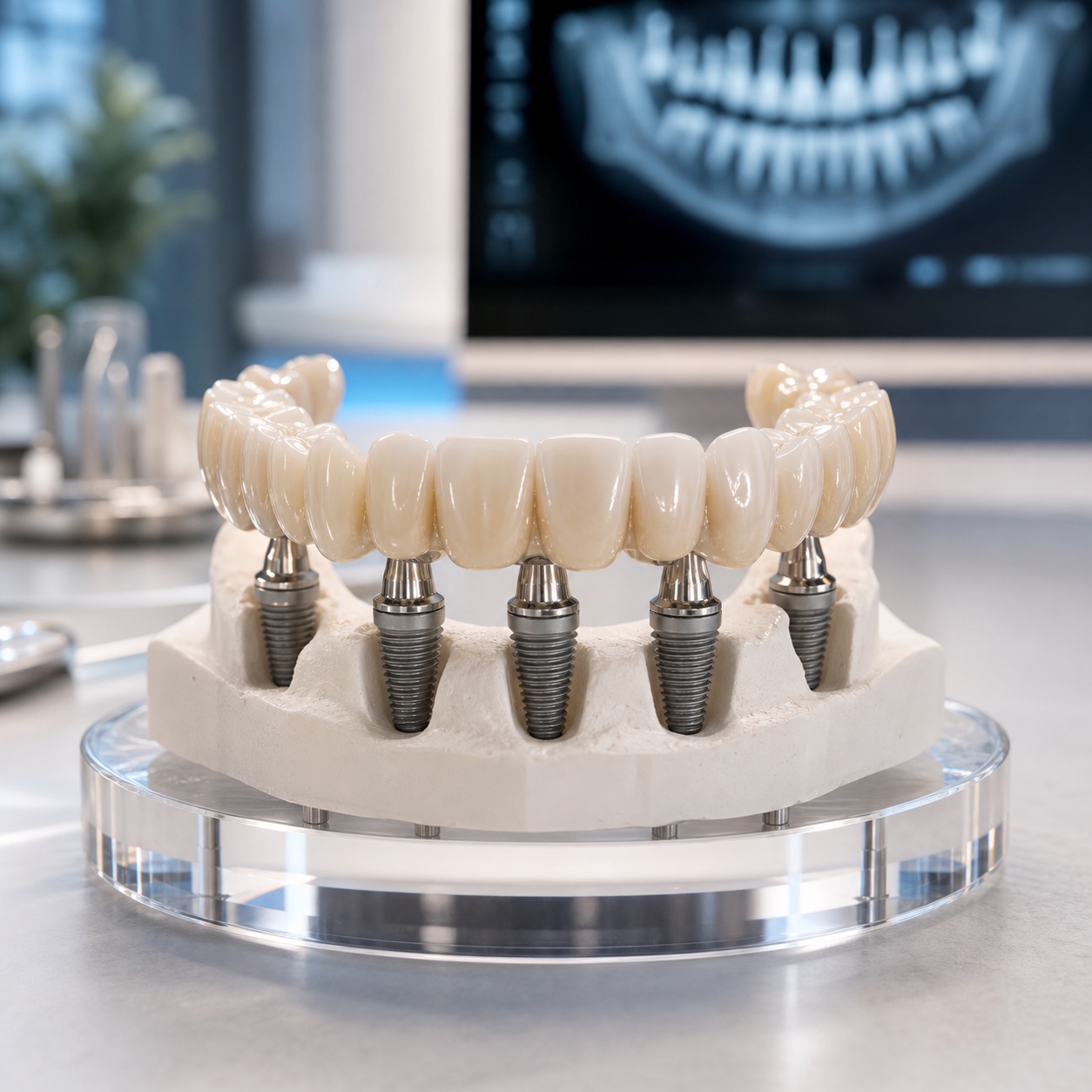 Dental implant model showing support for a fixed full-arch implant bridge