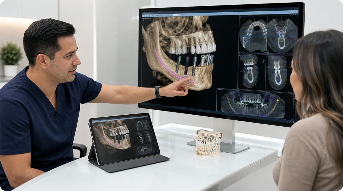 Clinician reviewing a 3D dental implant plan before full-arch treatment in Mexico